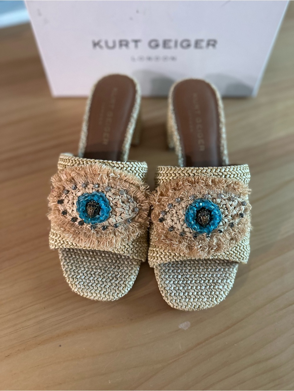Kurt Geiger Raffia Woven Block Heels with Turquoise Accent Eyes